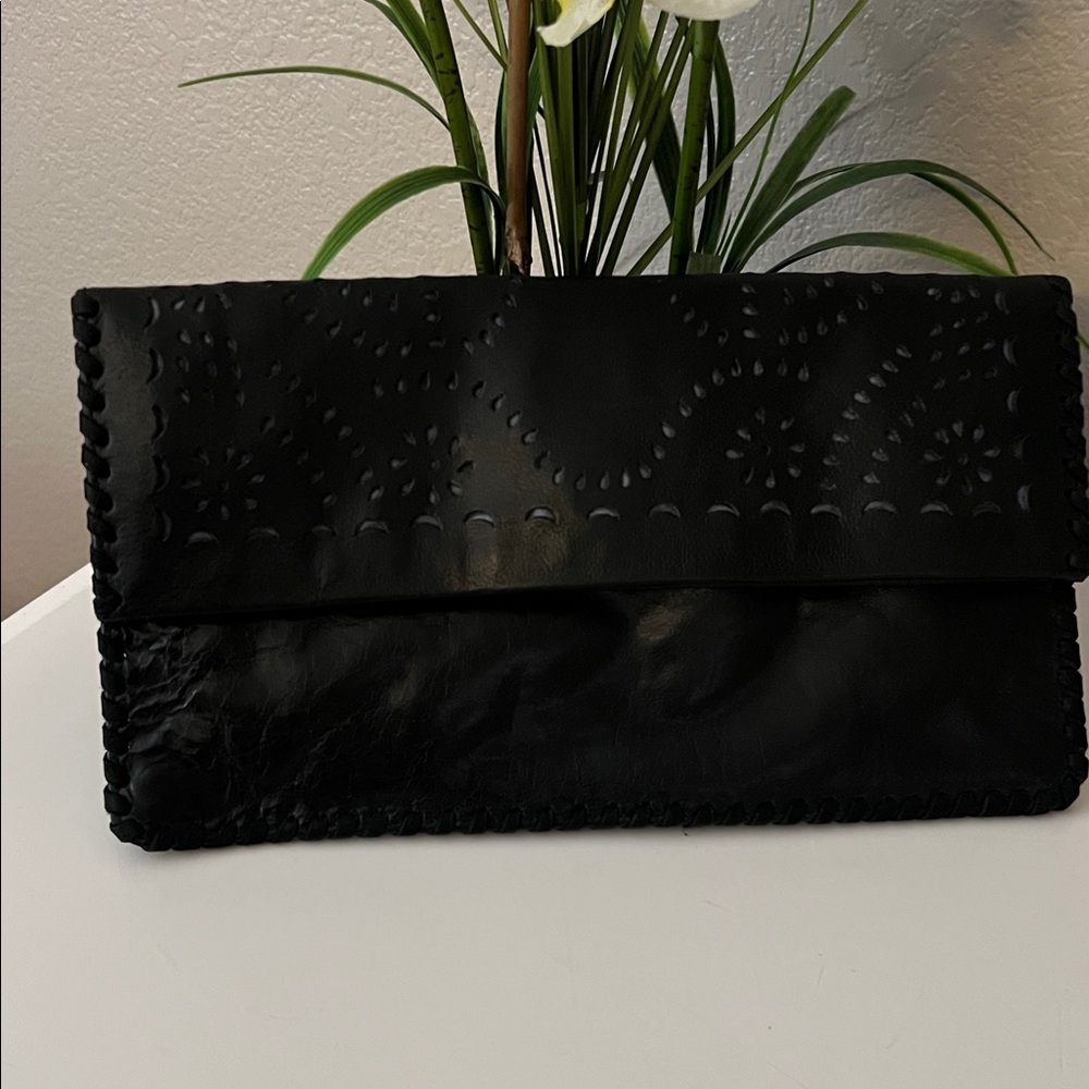 Sensea Chic Black Laser cut Leather Clutch EUC retail $82